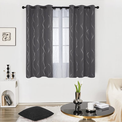 Blackout Grommet Silver Pattern Printed Curtains, 