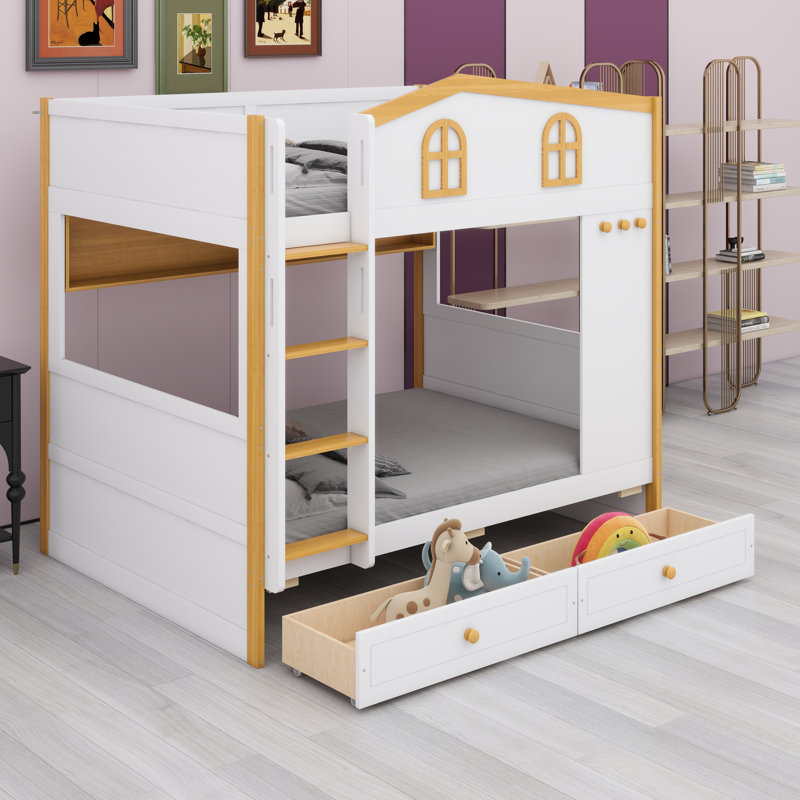 Lit superposé multifonctionnel avec garde-corps en forme de maison et tablettes et tiroirs de rangement intégrés