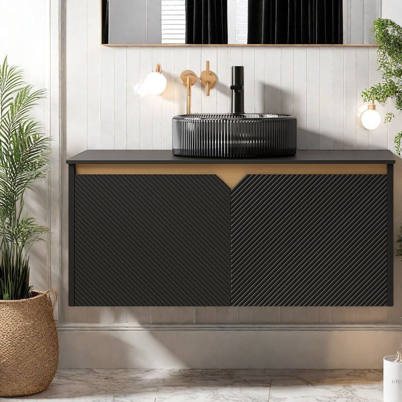 Meuble-lavabo mural moderne avec rangement, lavabo en verre, finition noire