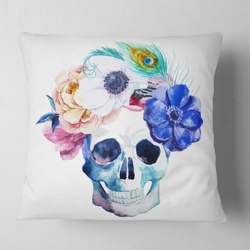 Anemones and Scull - Coussin imprimé floral, 16 po x 1 po, Coussin décoratif