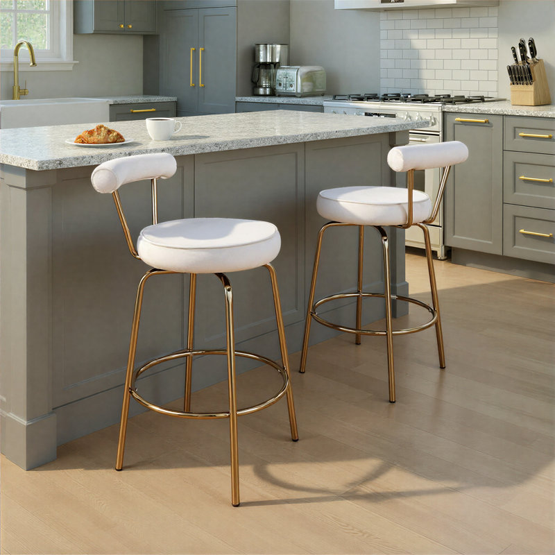 Kayson 25.5" Gold Swivel Upholstered Counter Stools, Cream Velvet