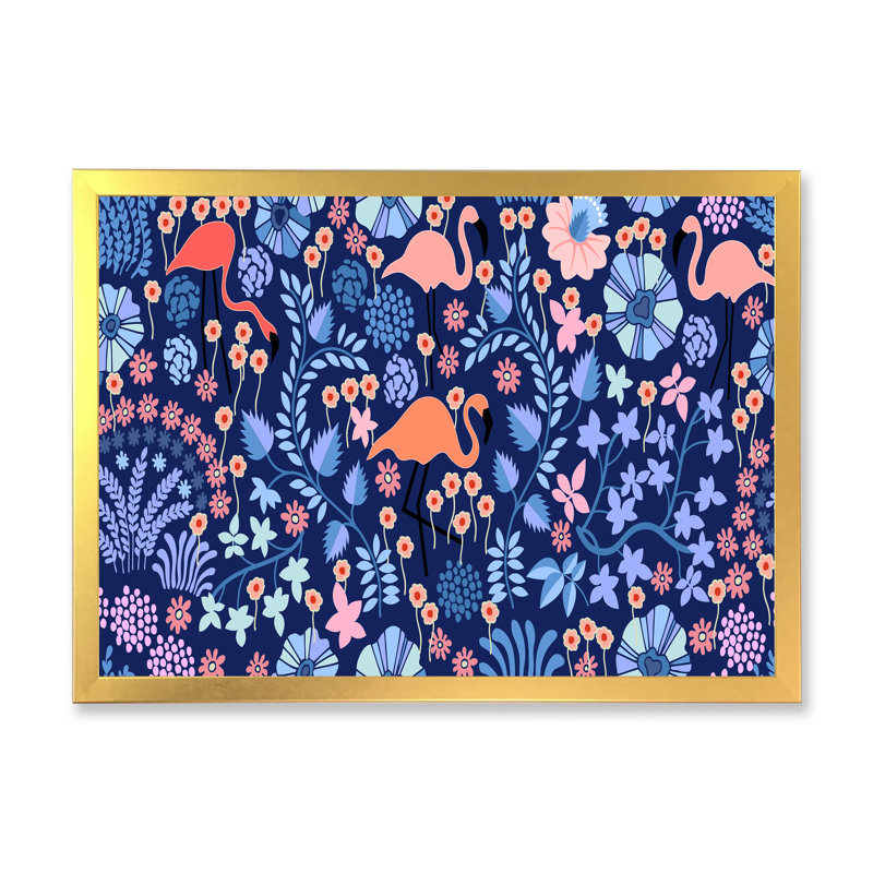 Plantes tropicales avec flamant rose en indigo - Peinture sur toile, H 12 po x l 20 po, Toile à cadre d'angle fermé doré