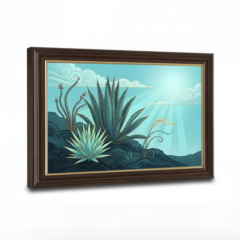 Agave bleue et plantes grasses avec contours dorés et art mural sur toile, 16"H x 24"W