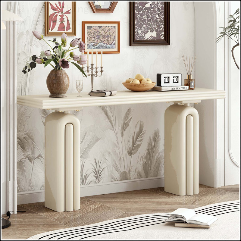 Console chic en placage d'acacia avec silhouette incurvée, Beige