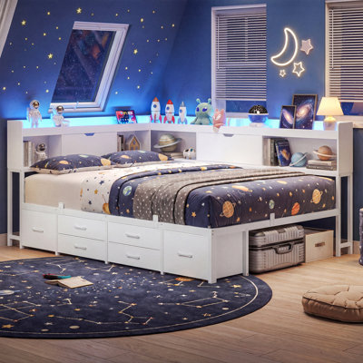 Base de lit double avec 6 tiroirs et bibliothèque de rangement avec station de charge et lumières DEL