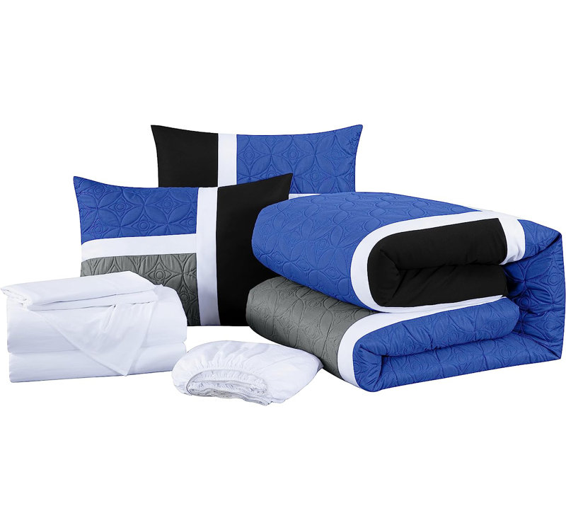 7-Piece Patchwork Bed in a Bag Comforter Set with Sheets, California King Comforter + 6 Additional Pieces, Blue/Black/Gray