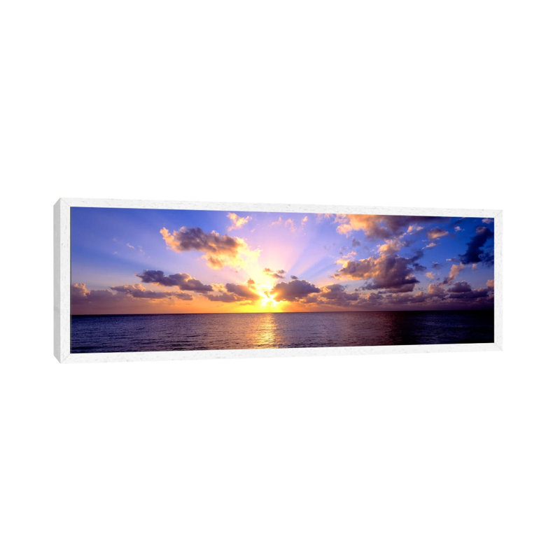 Sunset 7 Mile Beach Cayman Islands Caribbean - Panoramic Print on Canvas, 30.48 cm H x 91.44 cm W, White Framed