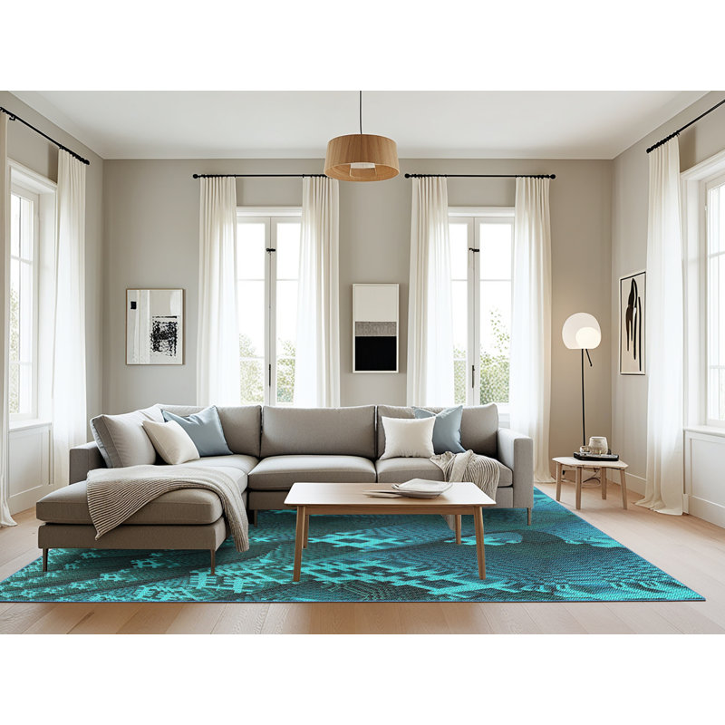 Tapis bleu aqua tissé à la machine, Rectangle 8 pi x 10 pi