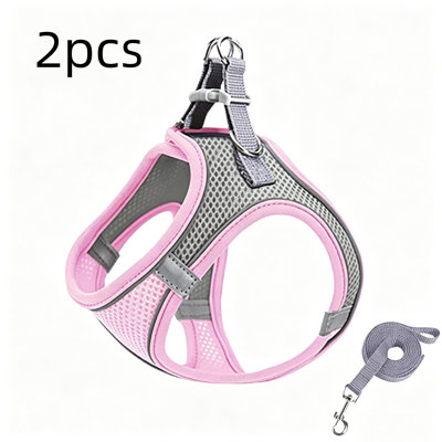 Vest Style Dog Chest Harness, Mesh Breathable Pet Walking Harness, Grey Pink Splicing, 3XS Size Equipped with 1.5m Flat Traction Rope for Daily Dog Outdoor Walking, 2 Pieces
