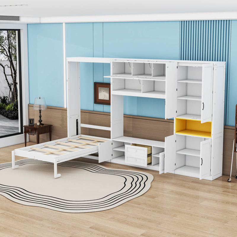 Lit escamotable simple 2 tiroirs en bois avec tablettes et armoires, gris