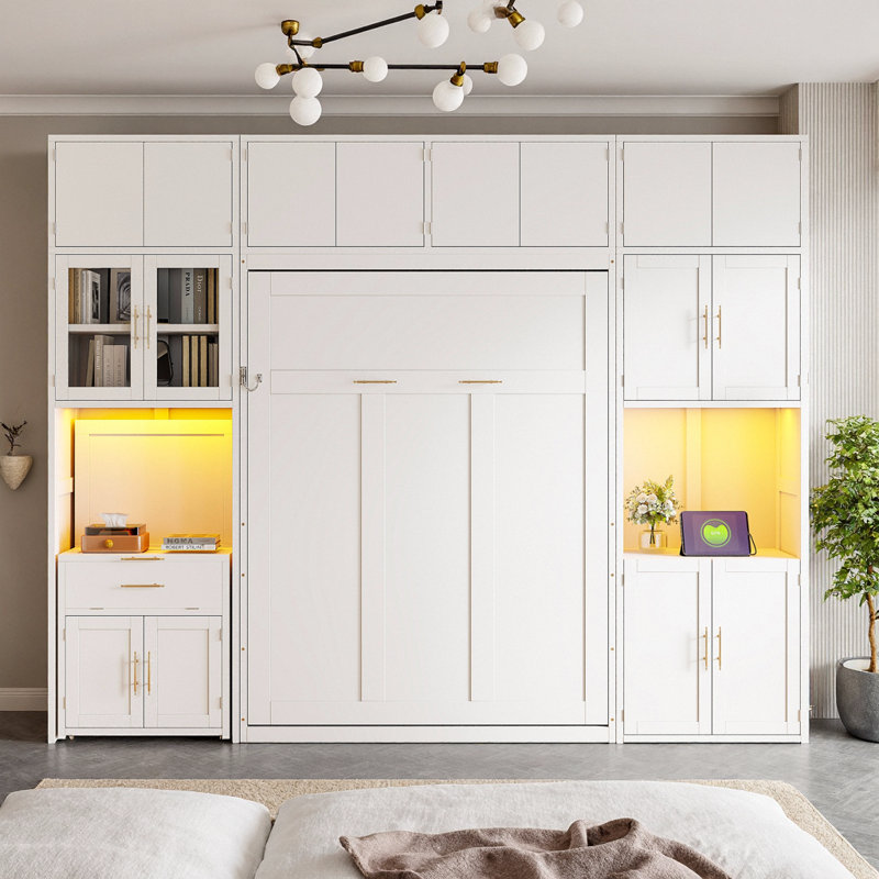 Lit escamotable Dormal double avec bureau coulissant, armoire, station de recharge et éclairage DEL, Blanc