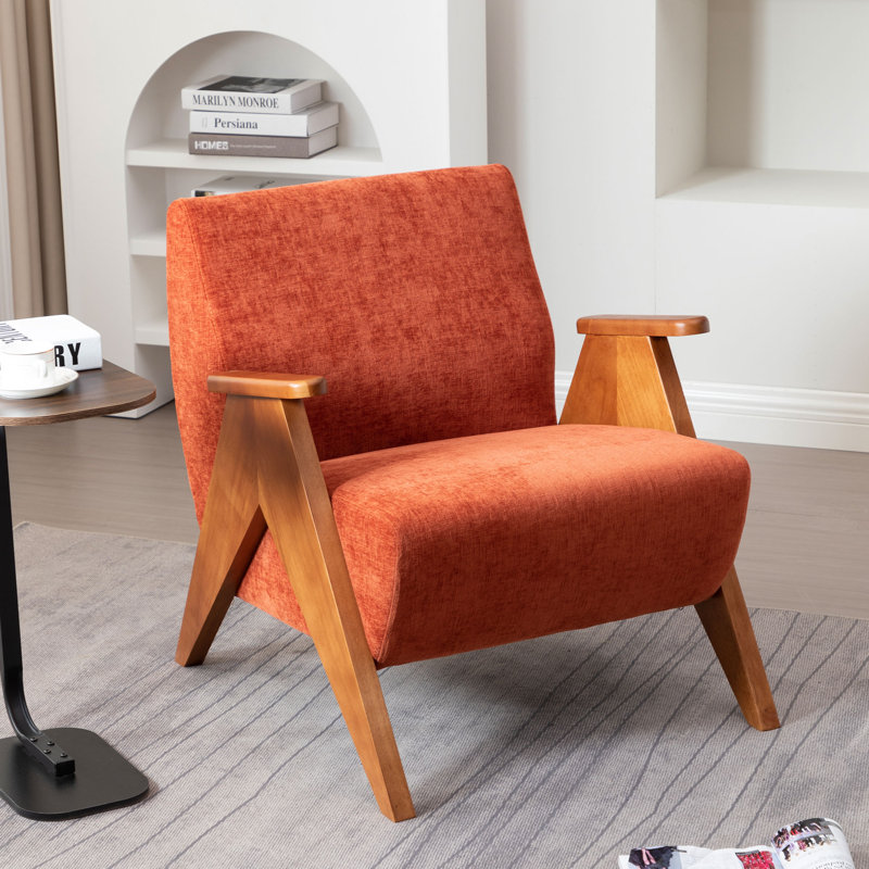 Kyajah 27.5" W Chenille Solid Wood Armchair, Orange Chenille