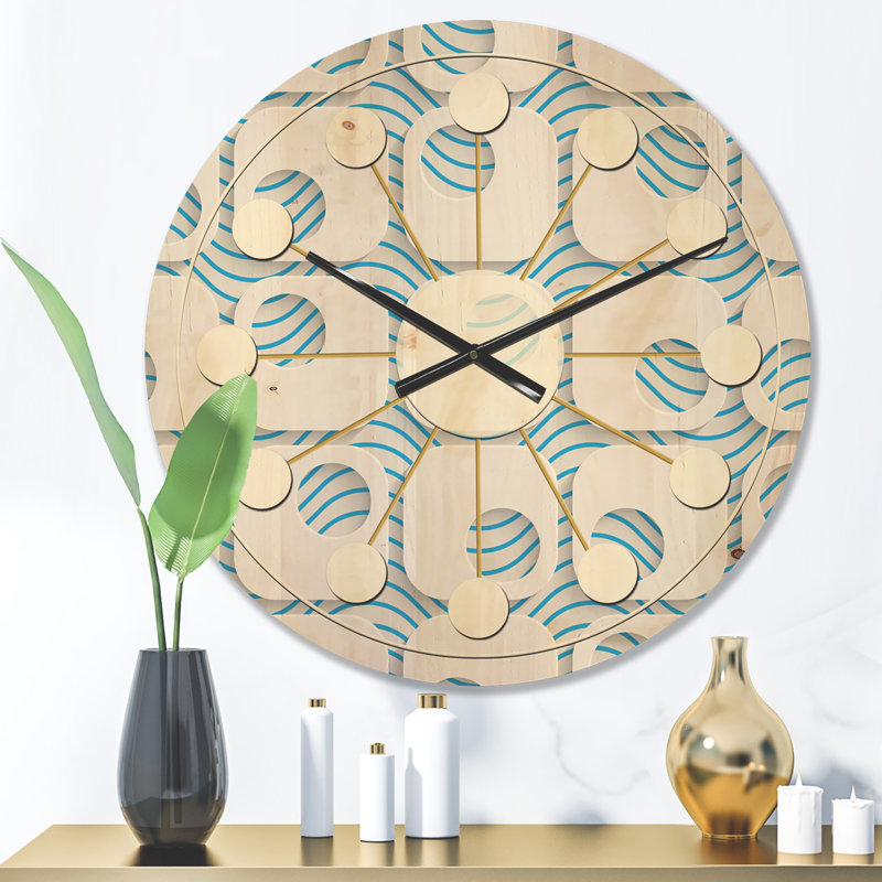 Horloge murale 3D en bois blanche et bleue III - Mid-Century, Petit