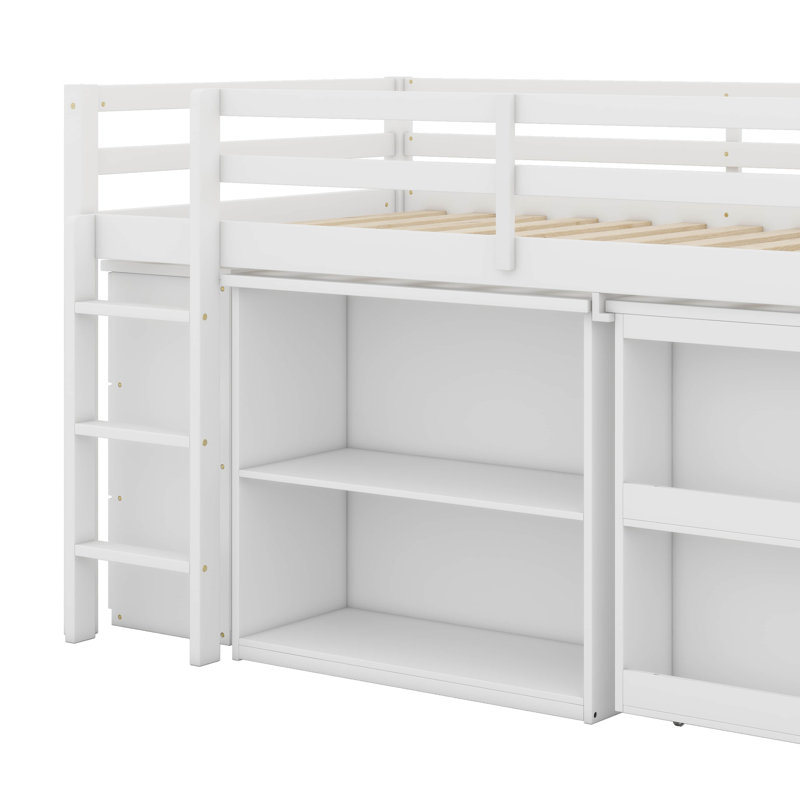 Lit mezzanine simple bas avec bureau coulissant, armoires de rangement, tiroirs et tablettes, lit mezzanine peu encombrant pour enfants, adolescents