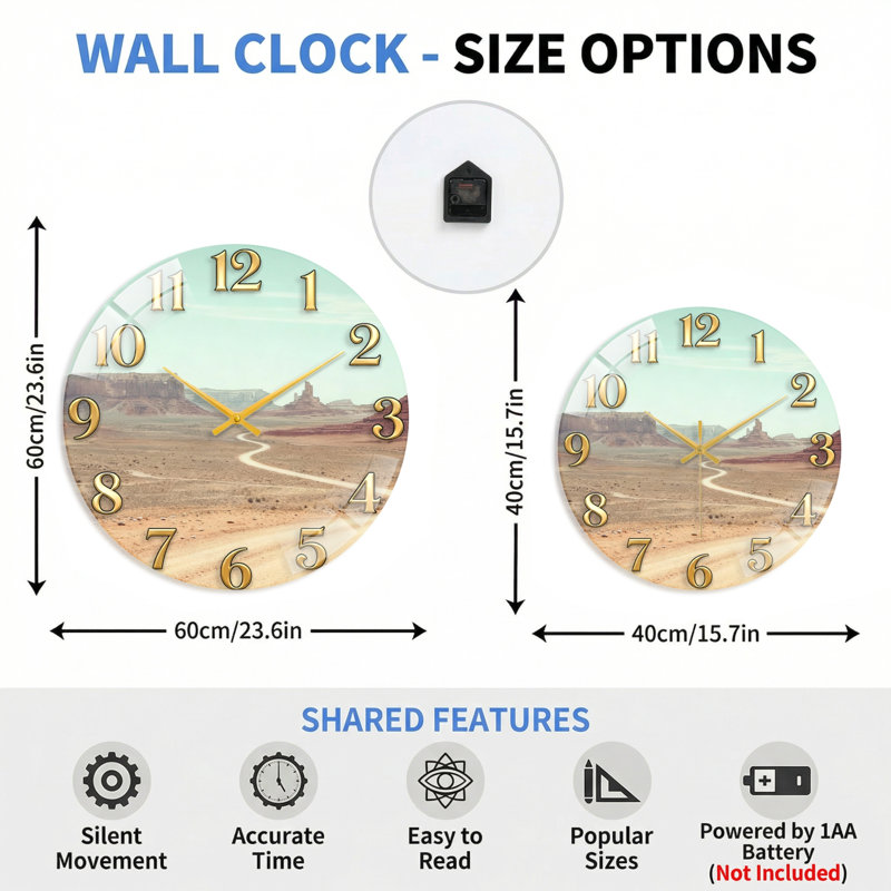 Desert Landscape Modern Decorated Glass Wall Clock Home Decor Art-15.7", 40 x 40 cm (15,7 x 15,7 pouces)