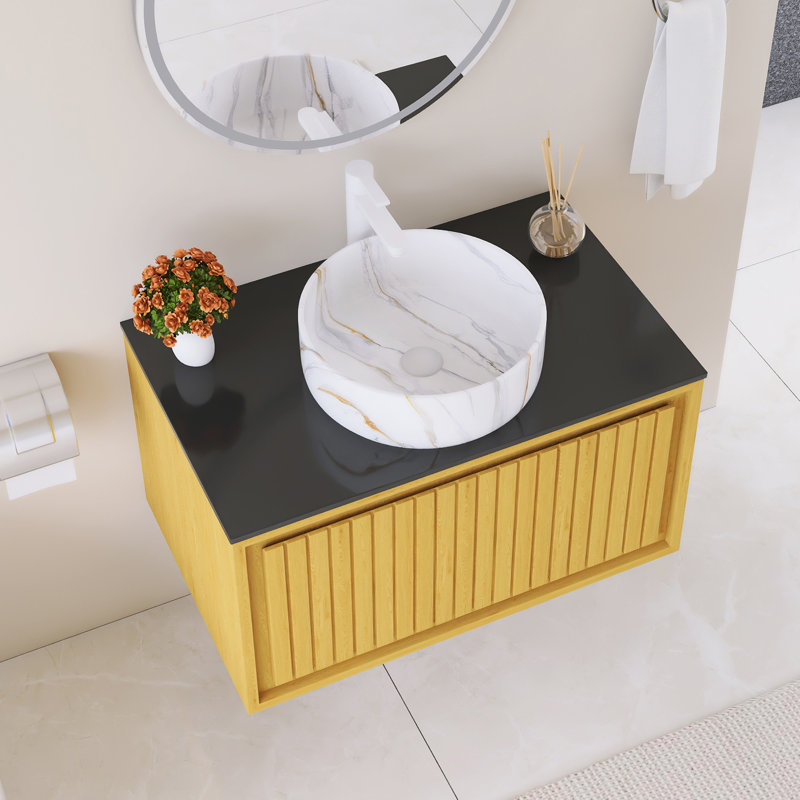 Meuble-lavabo mural simple avec comptoir en pierre frittée noire