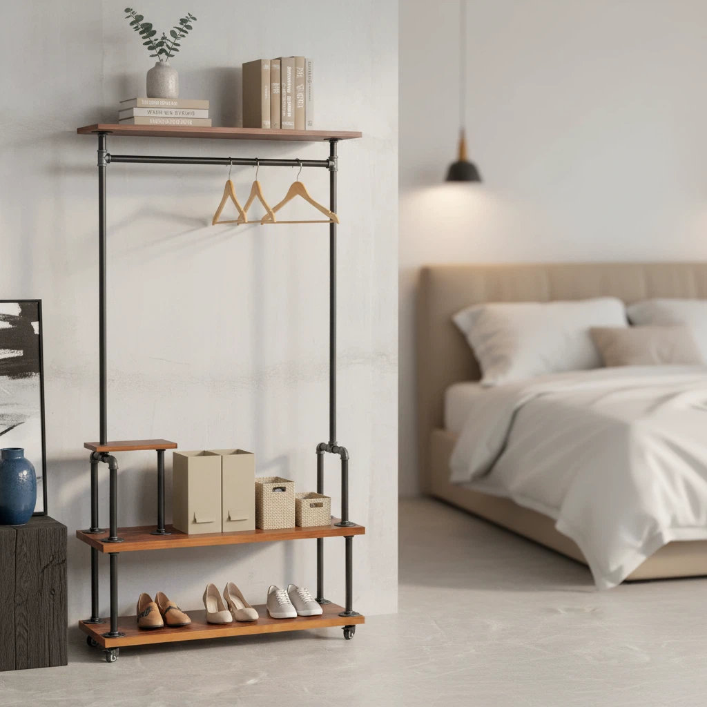 Rebrilliant Industrial Clothing Rack, Pipe Style Rolling Garment Rack ...