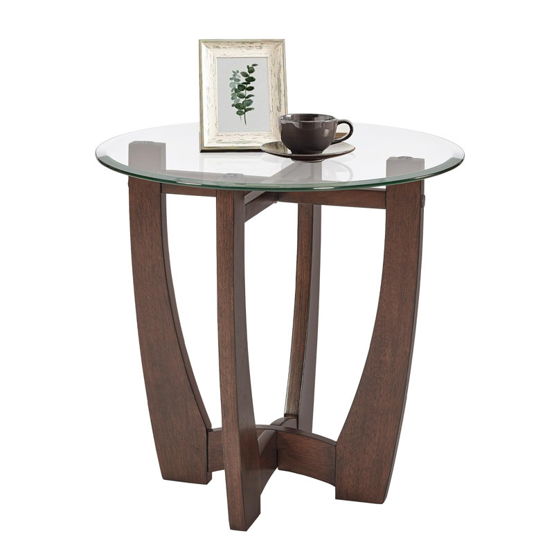 23.5" Round Glass Coffee Table with Cherry Wood Base for Living Room & Office, Clear Top/Cherry Base 