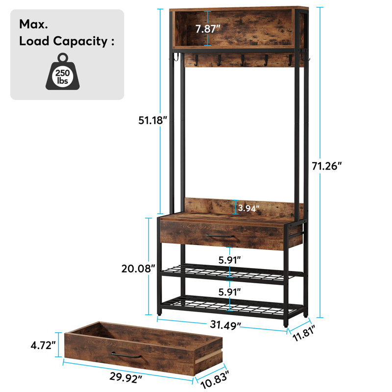 Tamesna Hall Tree 80cm Wide with Bench and Shoe Storage