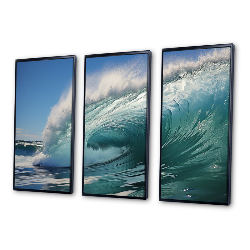 «Turquoise Ocean's Force Unleashed», ensemble d'art mural sur toile côtière, Cadre flottant noir, H 40 po x l 60 po x P 1 po