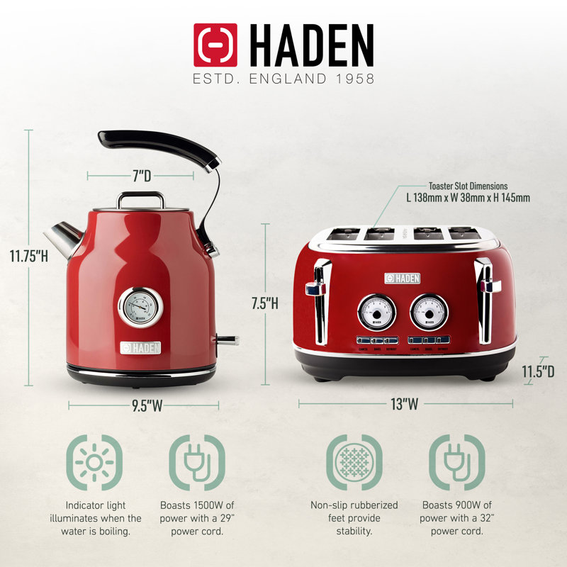 HADEN Dorset Bundle with 4-Slice Toaster and Electric Kettle, Red