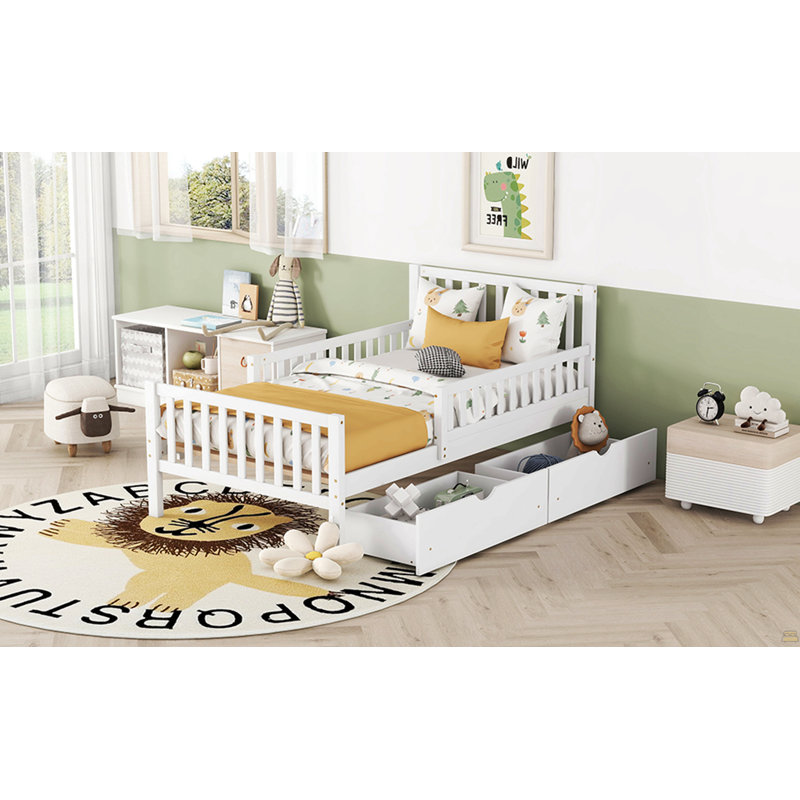 Lit plateforme simple en bois avec garde-corps des deux côtés et deux tiroirs de rangement, Lit simple, Blanc