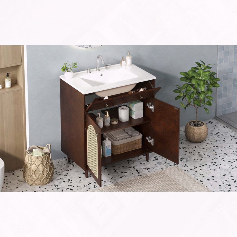 Meuble-lavabo en bois massif avec lavabo en céramique et panneaux en rotin, Noyer