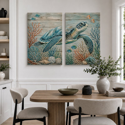 Coastal Sea Turtle Coral Artwork, Bathroom Pictures, Framed Canvas Giclee Print 2 Pieces Wall Art