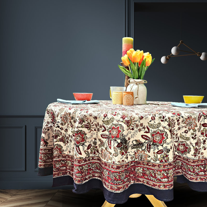 Floral Block Print Cotton Round Tablecloth
