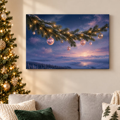 Branche de pin avec ornements en or rose sur fond de Noël enneigé
