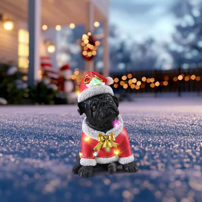 Outdoor Christmas Dog Statue Decorations - Santa Gifts Christmas Decor Bulldog with Red Santa Hat Statues and LED Lights for Home Indoor Outdoor X'mas Presents