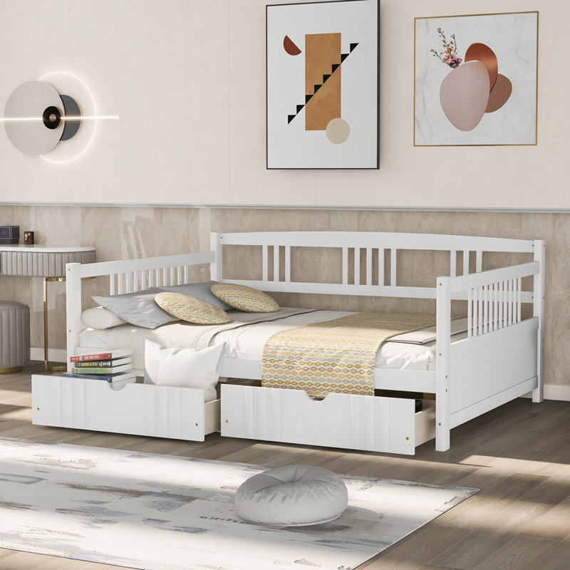 Daybed Wood Bed with Two Drawers, White