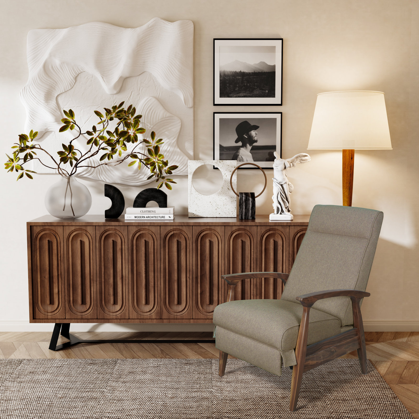 Piedmont Upholstered Recliner, Gray, Walnut Wood