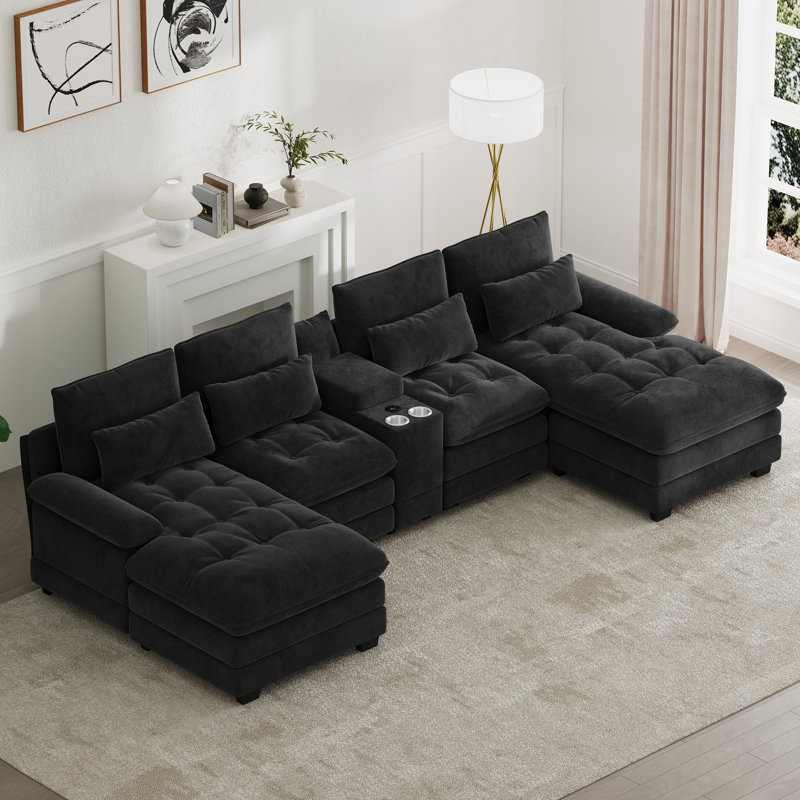 Canapé modulaire surdimensionné en U 4 pièces de 130 po avec console et porte-gobelets, Noir