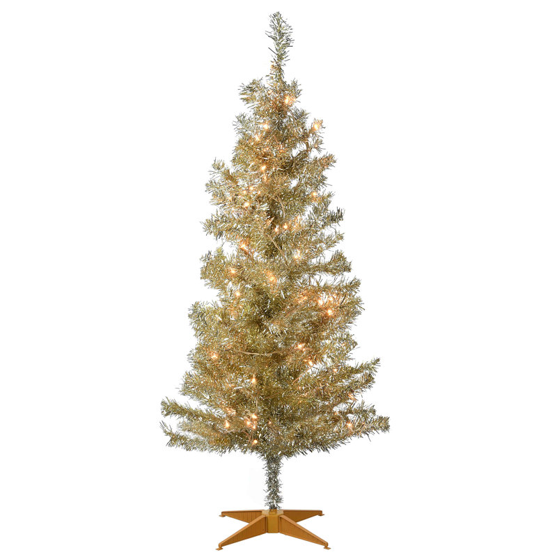 Champagne Tinsel Tree with Clear Lights, 4 ft