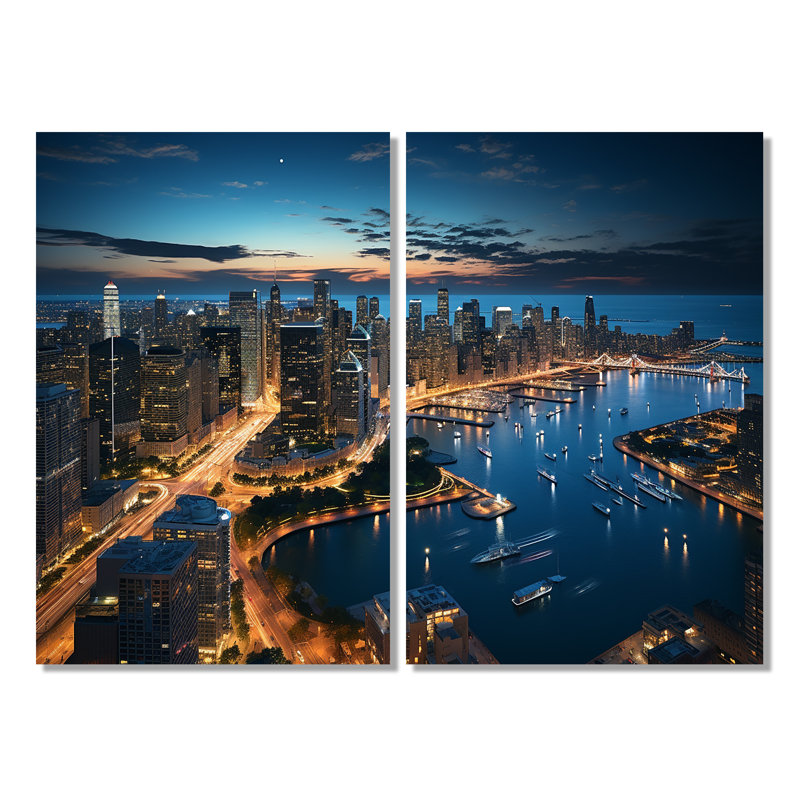 Chicago, beau paysage urbain I - ensemble d'art mural industriel de 2, H 36 po x l 48 po, Toile tendue, Ne s’applique pas