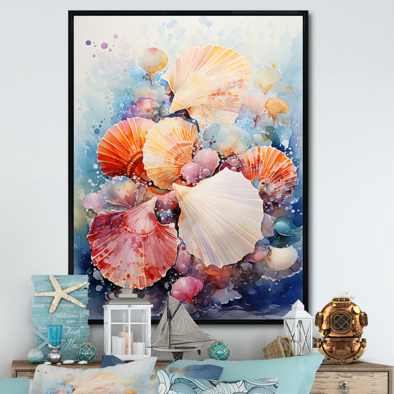 «Seashells Wonders On The Coast II», reproduction sur toile, H 32 po x l 16 po x P 1 po, Cadre flottant noir