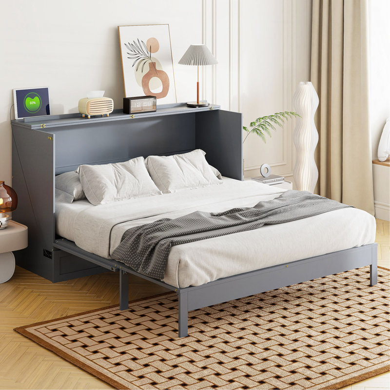 Grand lit escamotable avec grands tiroirs, gris, Gris, Grand lit