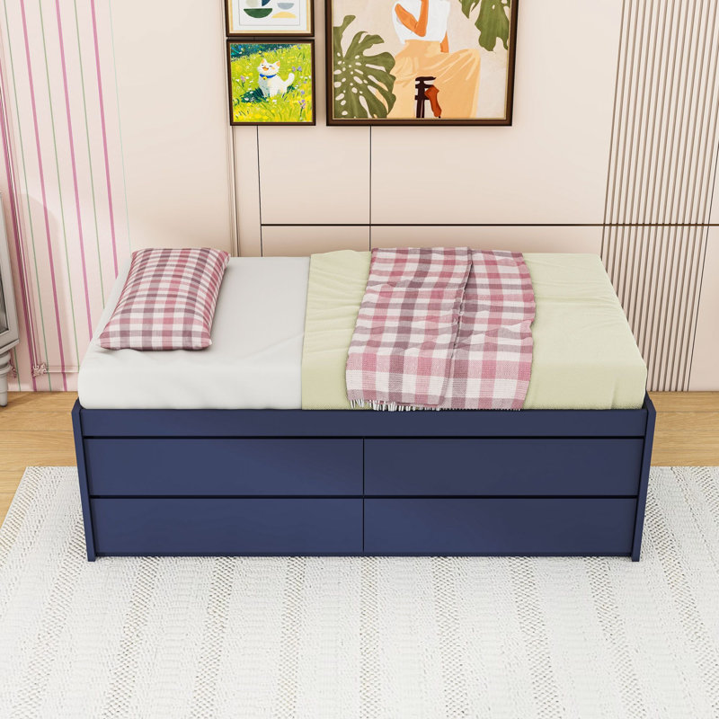 Lit plateforme de rangement en bois avec tiroirs, Lit simple, Navy Blue