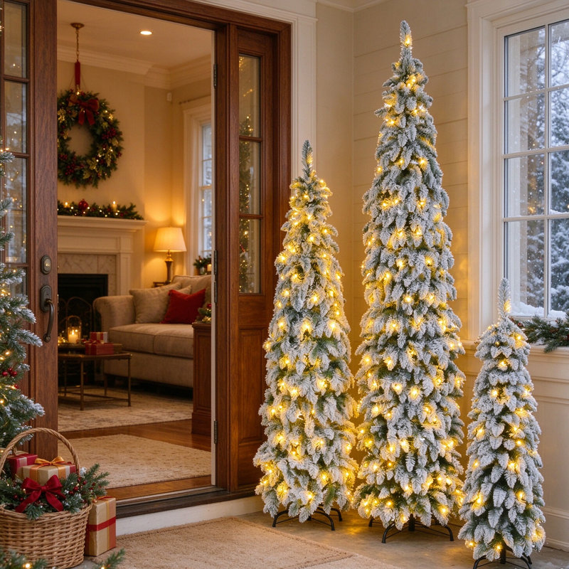 Ensemble de 3 sapins de Noël artificiels floqués et pré-illuminés – Sapins fins de 1,20 m, 1,80 m et 2,40 m avec 520 lumières DEL bicolores, 11 modes d'éclairage, 1455 extrémités de branches – Décoration de Noël floquée neigeuse peu encombrante pour les petits espaces, l'entrée et les réceptions de fin d'année
