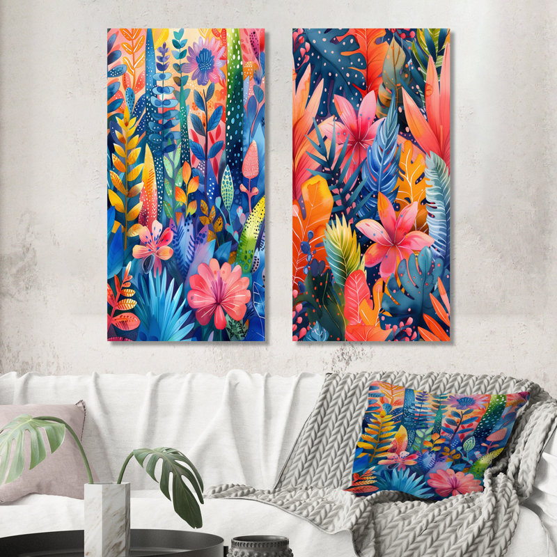 Ensemble de 2 pièces d'art mural bleues et roses, Desert Paradise III - Palmiers et palmiers, Toile tendue, H 28 po x l 24 po