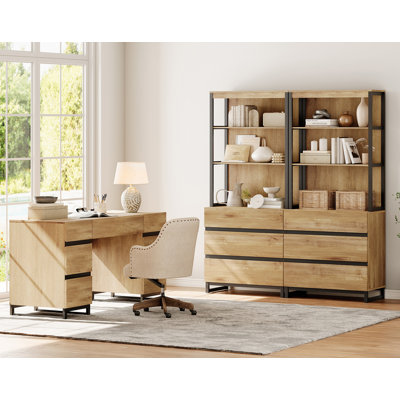 Aadam Home Office Furniture Set: 59In Modern Executive Desk With Charging Station & Drawers And 2 PCS 72In Tall Bookcases With 6 Drawers, Home Office Furniture For Living Room, Bedroom