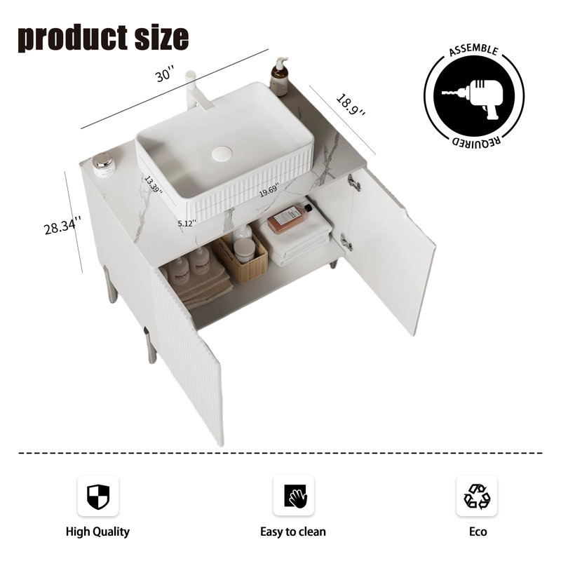 Meuble-lavabo 30 po, comptoir en pierre frittée Carrara, lavabo en céramique, Blanc, Blanc