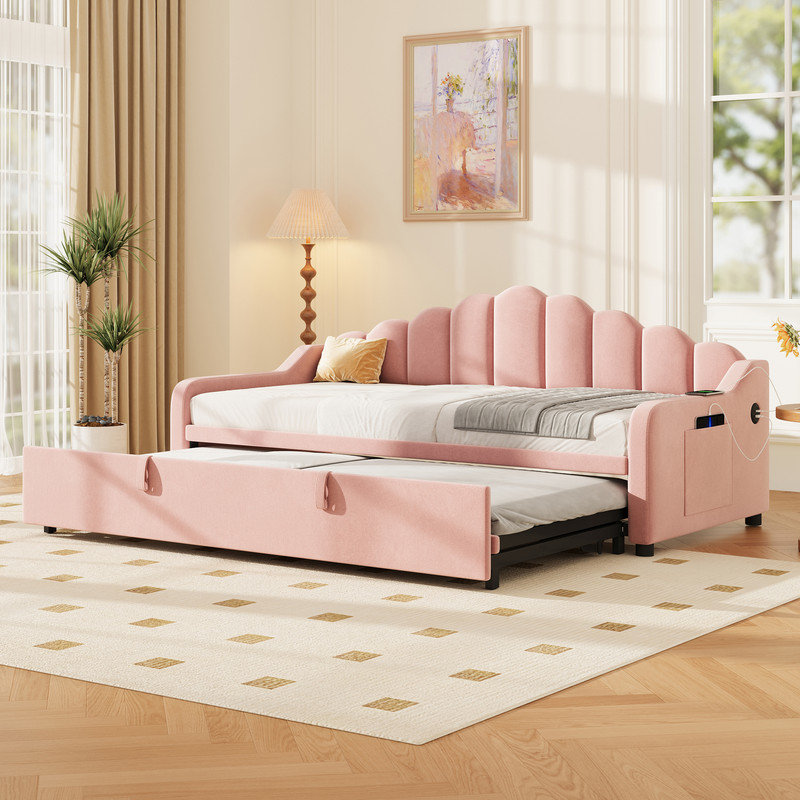 Beige/Pink Velvet Daybed with Pull-out Trundle & Charging Station