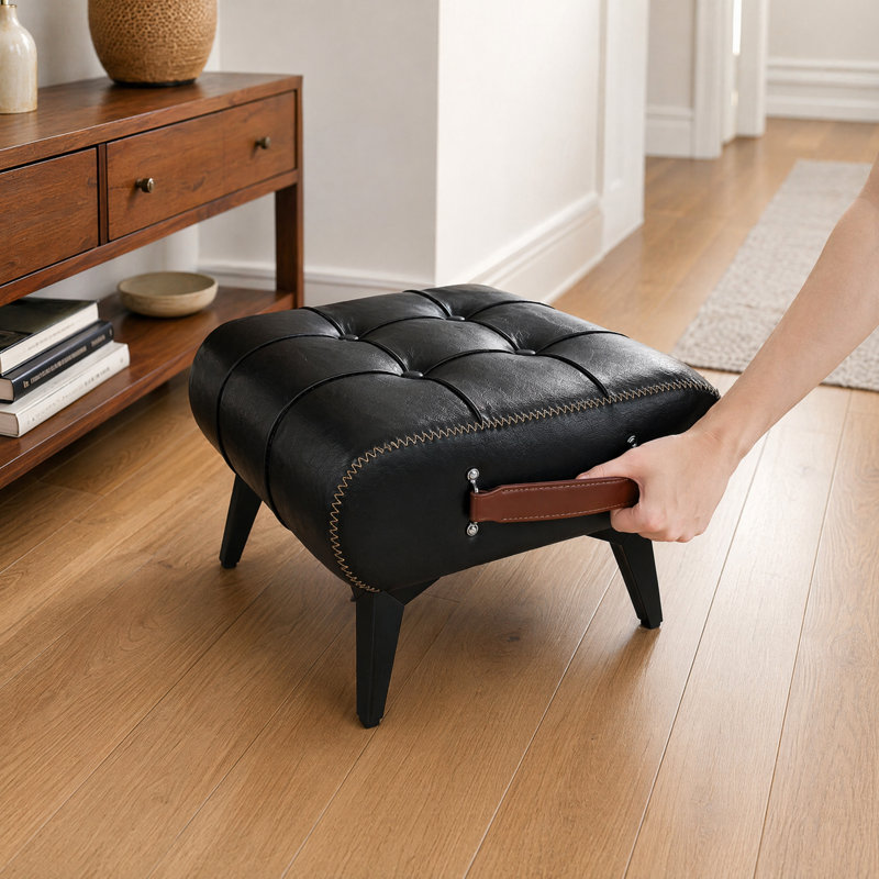 Petit repose-pieds carré en cuir avec rangement et repose-pieds capitonné avec poignées portatives, Noir