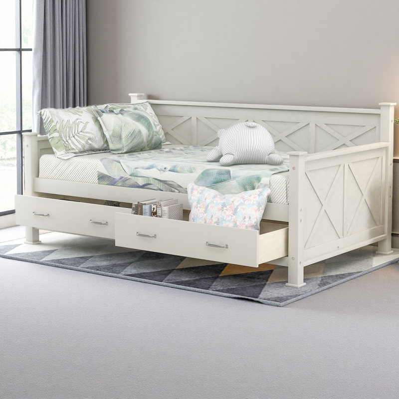 Twin Size Daybed With 2 Large Drawers, X-Shaped Frame, Modern And Rustic Casual Style Daybed, Cream