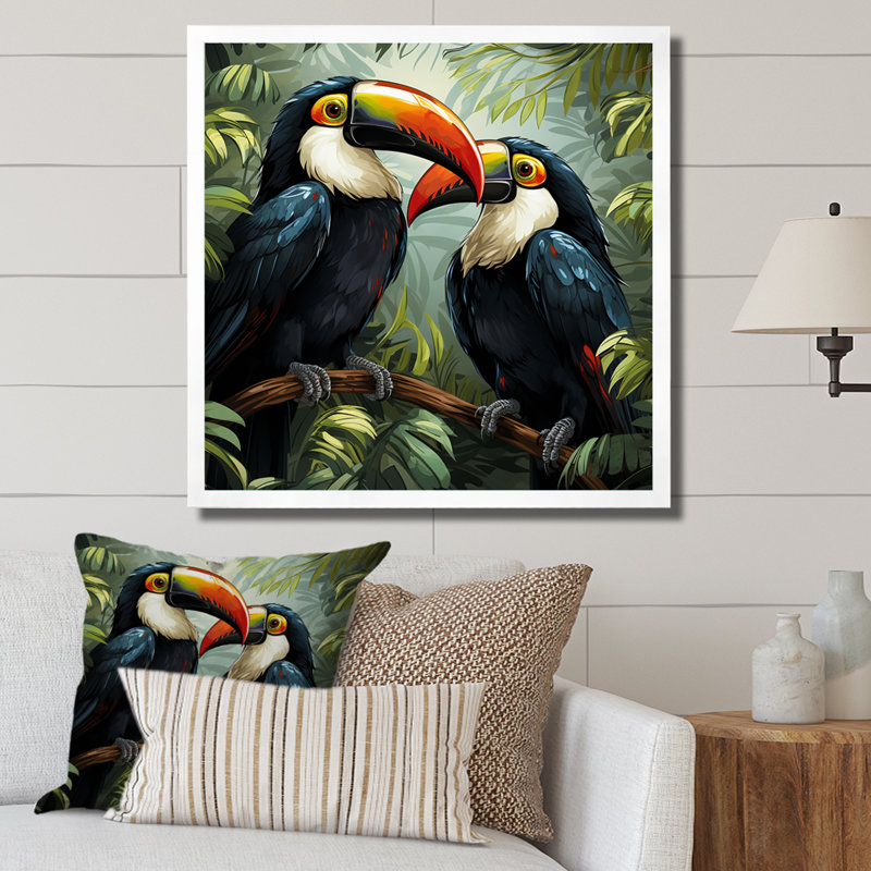Toucans verts verts - art mural oiseau, Cadre simple blanc, H 36 po x l 36 po