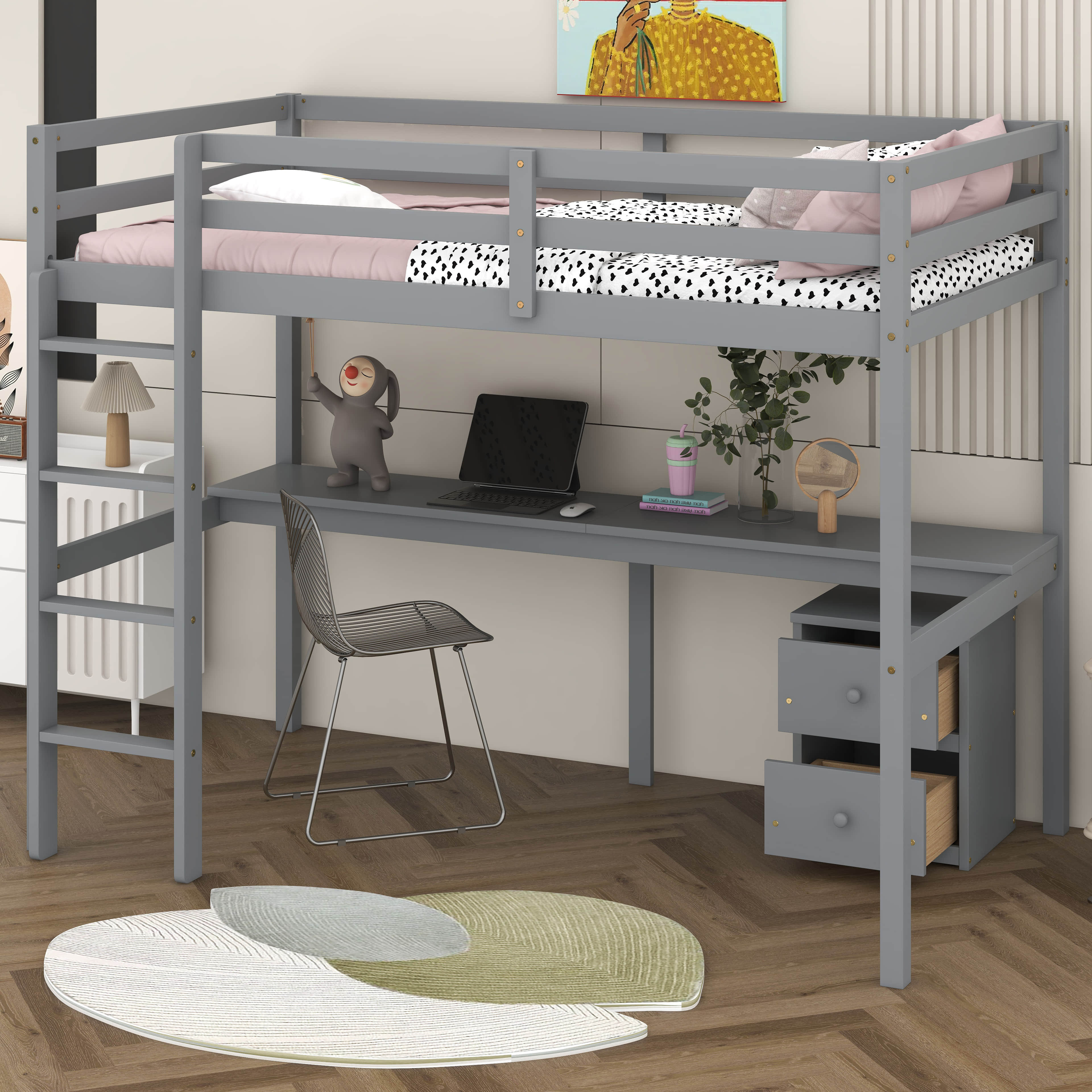 Harriet Bee Twin Loft Wood Bed With UnderBed, BuiltIn Desk Wayfair