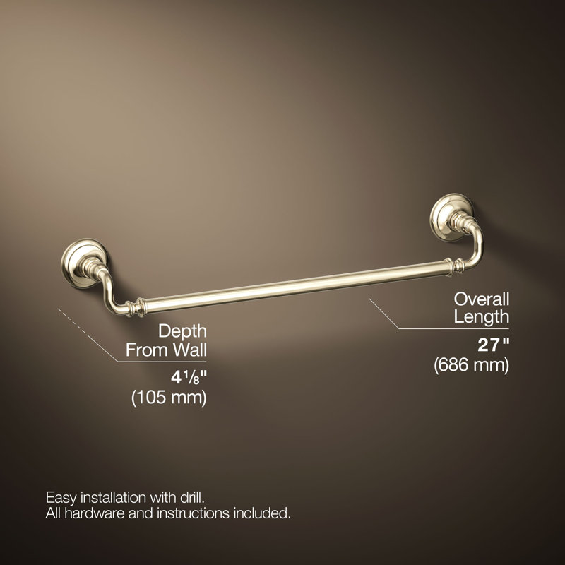 Artifacts® Wall Mounted Towel Bar, Vibrant French Gold, 3" H x 27" W x 3.5" D