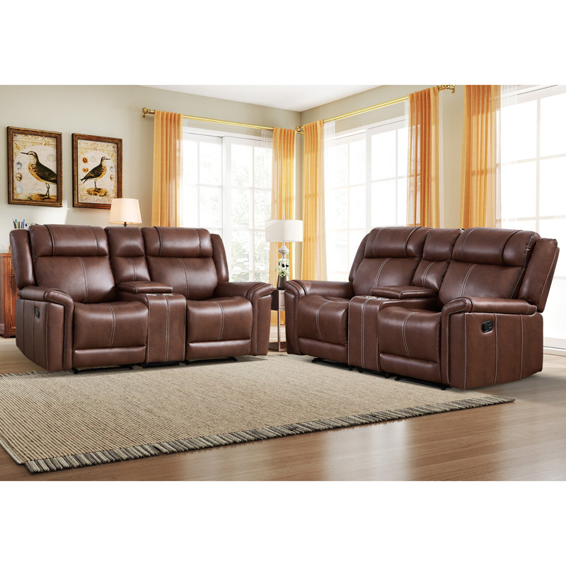 75'' Wide Upholstered Faux Leather Manual Reclining Loveseat With Center Console And Cup Holders(Set of 2), Brown